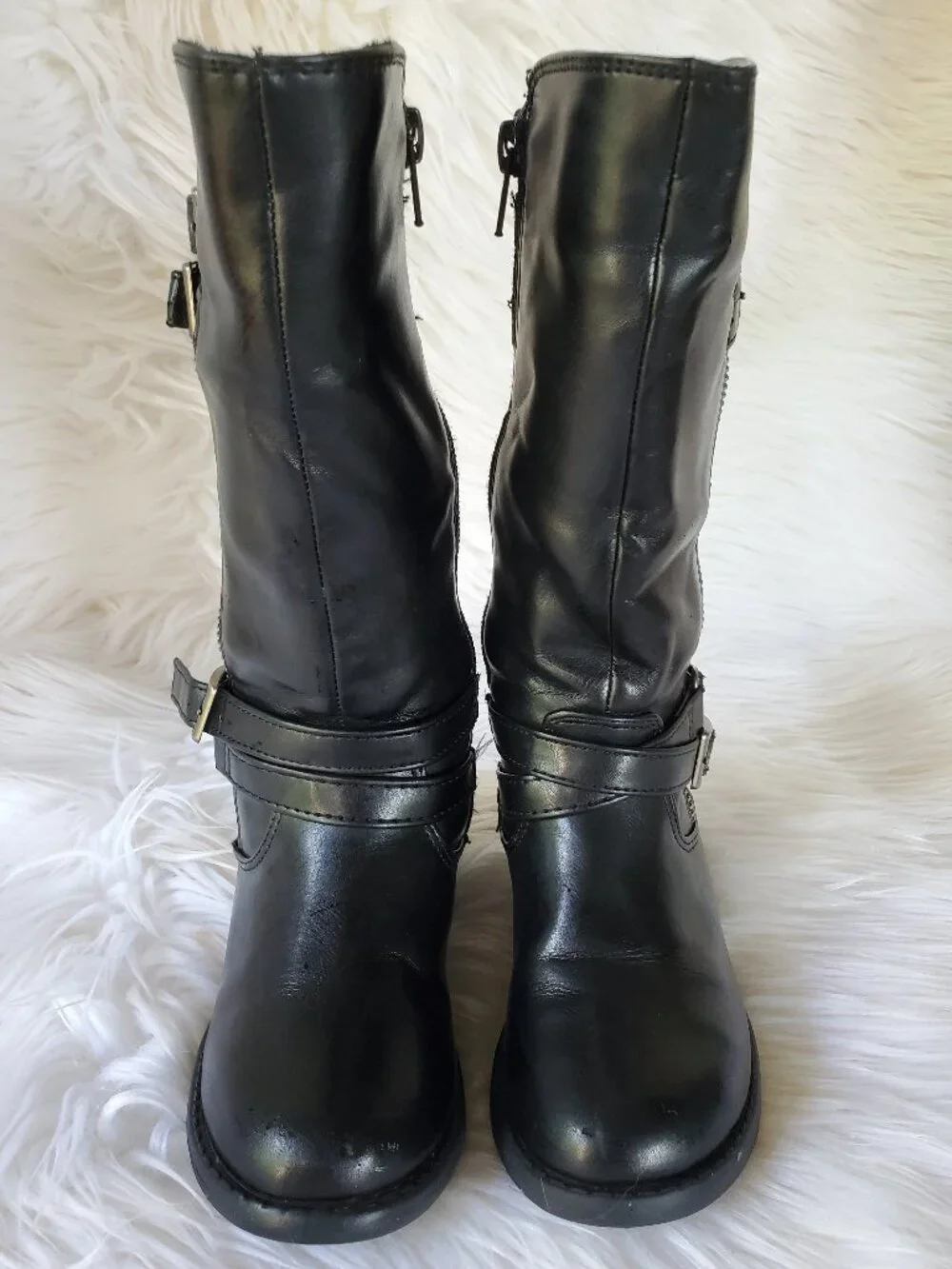 Dream Paris Black Girl's Mid Calf Moto Decorative Buckle Straps Boots SZ 10